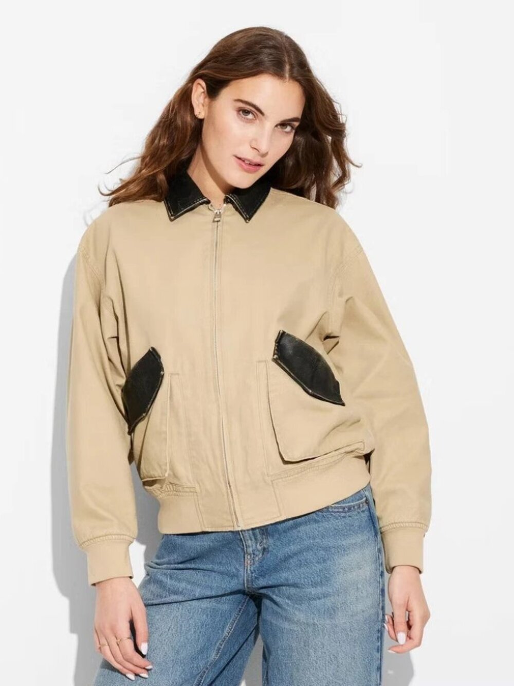 NWT Wild Fable Tan Canvas Bomber Jacket Distressed Faux Leather XL